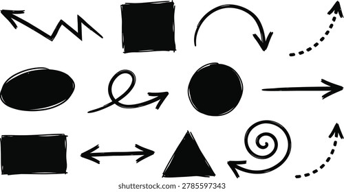 A collection of hand-drawn shapes and arrows in black ink on a clean white background, perfect for design elements.