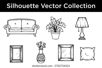 Una colección de Ilustraciones vectoriales de silueta dibujadas a mano de varios artículos de decoración para el hogar.