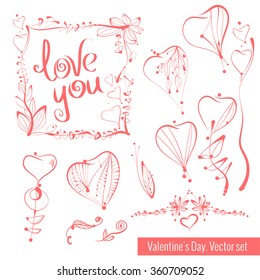 A collection of hand-drawn sketches for Valentine's Day. Beautiful heart. Set of vector illustrations.