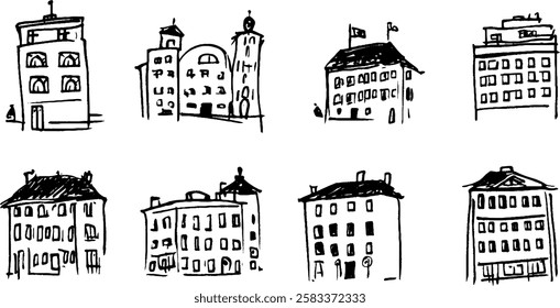 A collection of hand-drawn sketches of various buildings, showcasing different architectural styles and designs. The illustrations are simple and whimsical, featuring a mix of residential 