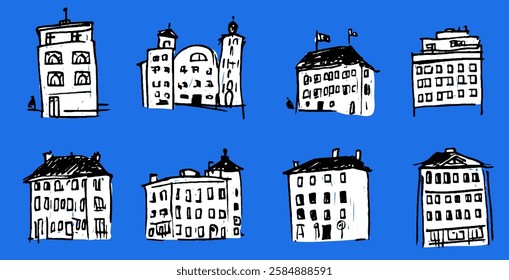 A collection of hand-drawn sketches of various buildings, showcasing different architectural styles and designs. The illustrations are simple and whimsical 