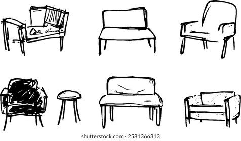 A collection of hand-drawn sketches of various chairs and sofas, showcasing different styles and designs. The illustrations are simple and monochromatic