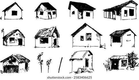 A collection of hand-drawn sketches of various houses, showcasing different architectural styles and designs. Each house features unique characteristics such as roofs, windows, and textures.