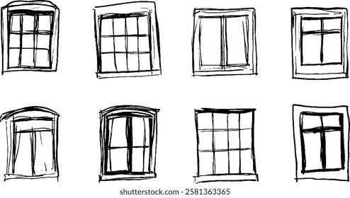 A collection of hand-drawn sketches of various window designs, featuring different shapes and styles. Each window has a unique frame and grid pattern, showcasing artistic variations.