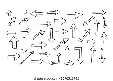 Eine Sammlung von handgezeichneten, skizzenhaften Pfeilen in verschiedenen Richtungen und Stilen, perfekt für die Illustration der Konzepte von Richtung und Bewegung.