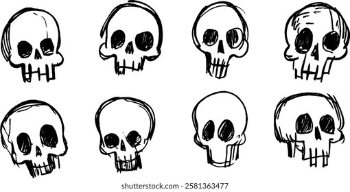 A collection of hand-drawn skull illustrations in various angles and styles. Each skull features exaggerated features and a playful, cartoonish design.