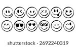 Collection of hand-drawn smiley faces with different emotions. Simple doodle-style emojis in black outline, ideal for creative projects, social media icons, children’s art, and minimal graphic design.