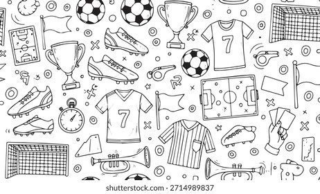 Uma coleção de elementos de futebol desenhados à mão, incluindo bolas, camisas, chuteiras, troféus e um campo.