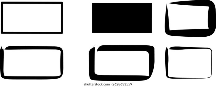Collection of hand-drawn and solid rectangle frame shapes in black and white. Features a mix of clean, abstract, and grunge styles. Ideal for use in modern design, digital art, labels, templates