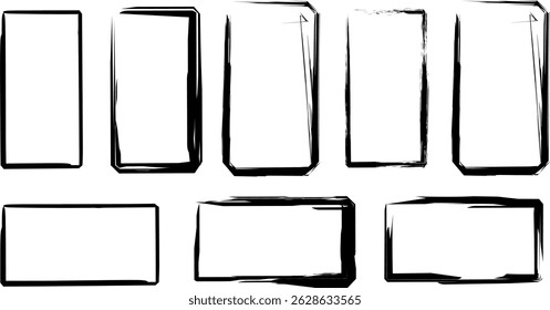 Collection of hand-drawn and solid rectangle frame shapes in black and white. Features a mix of clean, abstract, and grunge styles. Ideal for use in modern design, digital art, labels, templates