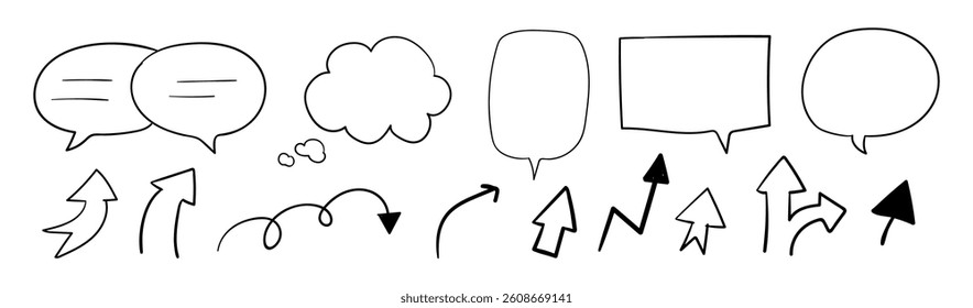 Collection of hand-drawn speech bubbles and arrows. Speech bubbles in various shapes. Arrows pointing in different directions. Doodle-style speech bubbles and arrows. Isolated vector element set.