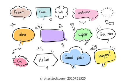 A collection of hand-drawn speech bubbles featuring positive phrases and decorative elements.