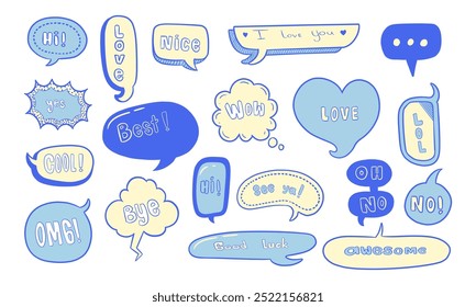 A collection of hand-drawn speech bubbles featuring various positive phrases and emojis in blue and yellow tones.