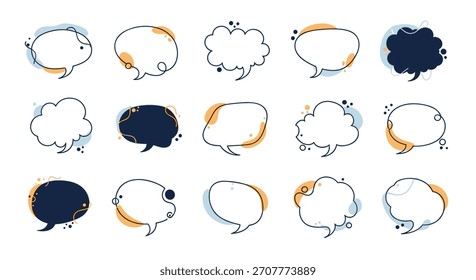 Collection of hand-drawn speech bubbles in a minimalist line art style with colorful abstract shapes in blue and yellow.