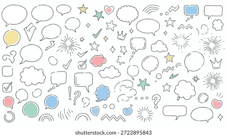 Una colección de burbujas de discurso dibujadas a mano, burbujas de pensamiento y varios Elementos de doodle como estrellas, flechas y coronas, adecuados para proyectos de diseño.