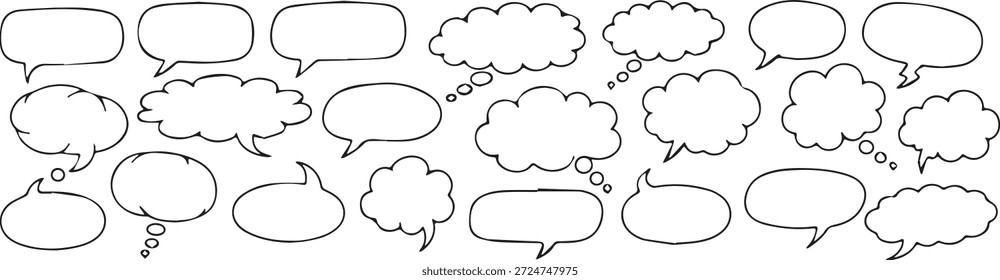 Una colección de burbujas de discurso dibujadas a mano y nubes de pensamiento, perfecto para Elementos de cómics, diálogos o para expresar ideas y conversaciones en un estilo de doodle caprichoso.