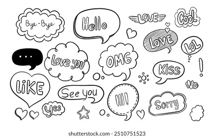 A collection of hand-drawn speech bubbles with various phrases and emojis in a doodle style.