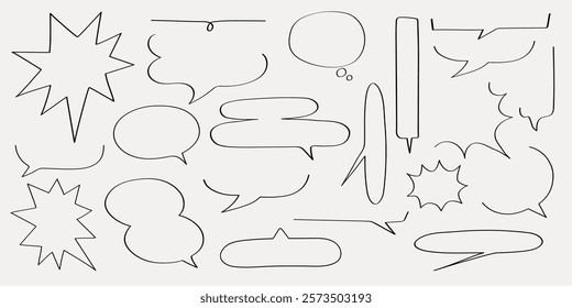 A collection of hand-drawn speech bubbles in various shapes and sizes. Speech bubbles for comics, cartoons, and creative designs. Outline style speech bubbles. Message illustration vector.