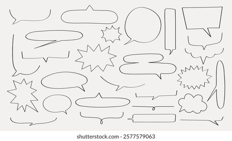 A collection of hand-drawn speech bubbles in various shapes and sizes. Speech bubbles include round, square, and starburst designs, perfect for creative projects. Message illustration vector.