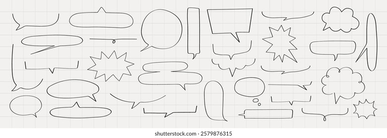 Collection of hand-drawn speech bubbles in various shapes. Speech bubbles for comics, notes, and designs. Speech bubbles on a grid background. Message illustration vector.