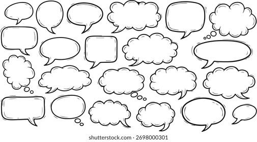 Una colección de burbujas de discurso dibujadas a mano en varias Formas. Perfecto para añadir diálogos y expresiones a tus diseños. Ilustración vectorial sobre fondo transparente.