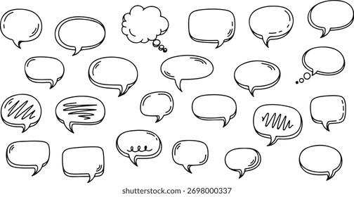 Collection of handdrawn speech bubbles in various shapes. Perfect for comics, social media, and design projects. Easily add text to these black lineart icons.
