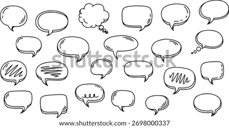 Collection of handdrawn speech bubbles in various shapes. Perfect for comics, social media, and design projects. Easily add text to these black lineart icons.