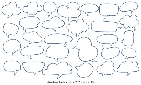 A collection of hand-drawn speech and thought bubbles in various shapes for comics and messaging designs.