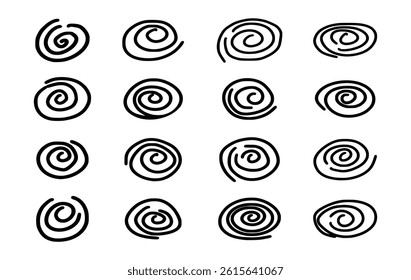 Collection of hand-drawn spiral swirls in black and white