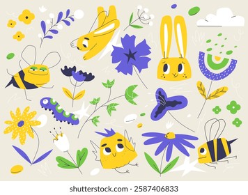 A collection of hand-drawn spring and Easter-themed elements, including rabbits, bees, flowers, butterflies, and a cute chick. Perfect for seasonal designs, cards, invitations, and decorations