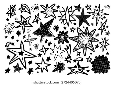 Colección de diseños de estrellas dibujados a mano en varios estilos y Formas en blanco y negro. Esta Ilustración vectorial presenta una amplia gama de patrones de estrellas ideales para proyectos creativos.