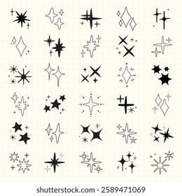 Collection of hand-drawn star doodles on grid paper. Various star shapes and styles. Black and white star illustrations. Simple star doodles for design. Element vector set.