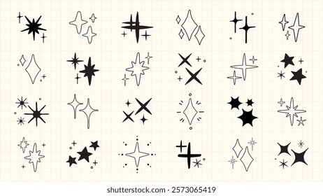 Collection of hand-drawn star doodles. Stars in various shapes and sizes. Black and white star designs. Simple star illustrations. Star-themed doodles. Element vector set.