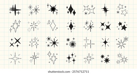 Collection of hand-drawn star doodles. Stars in various shapes and sizes. Star illustrations on grid background. Simple, artistic star doodles for design. Element vector set.