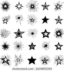 Collection of Hand-Drawn Star Icons with Burst Effects