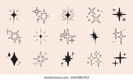 Coleção de ícones de estrelas desenhados à mão. As estrelas variam em forma e tamanho. Desenhos de estrelas pretas e brancas. Ilustrações em estrela simples no plano de fundo da grade. Vetor de elemento definido.