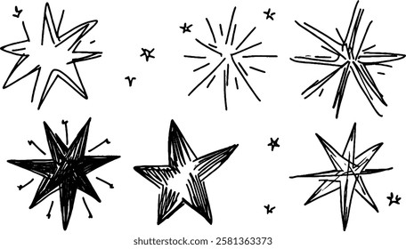 A collection of hand-drawn star illustrations in various styles, including outlined and filled designs. The stars vary in size and shape, showcasing a whimsical and artistic flair.