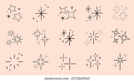 Collection of hand-drawn star and sparkle icons. Various star shapes and sparkles. Simple, minimalist star and sparkle designs on a beige background. Element vector set.