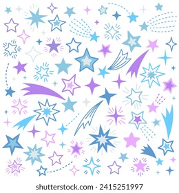 A collection of hand-drawn stars and comets. Stars of different shapes. Blue and purple stars, sparkle.