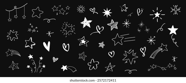 A collection of hand-drawn stars and hearts on a black background. Stars and hearts in various styles. Whimsical stars and hearts create a playful design. Hand drawn vector set.