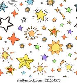 Collection of handdrawn stars, seamless pattern yellow, orange, pink, blue