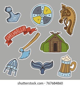 Collection of handdrawn stickers with viking symbols such as viking ship, sword, viking, raven, mugs, shield, axe and ets.Colored illustrations which made in cartooned style.