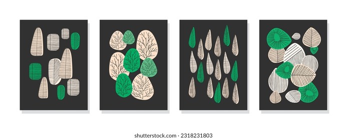 Collection of hand-drawn style abstract leaves on a dark background. Perfect for botanical wall decor, interior design, posters, covers, banners. Vector illustrations.