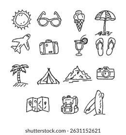 A collection of hand-drawn style icons representing summer vacation, including a sun, sunglasses, ice cream, beach umbrella, airplane, and other travel-related items.
