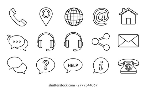 A collection of hand-drawn style icons representing various communication methods and contact information. includes