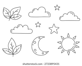 Uma coleção de ilustrações de estilo desenhadas à mão com folhas, nuvens, estrelas, uma lua crescente e um sol, perfeito para adicionar um toque caprichoso aos designs.