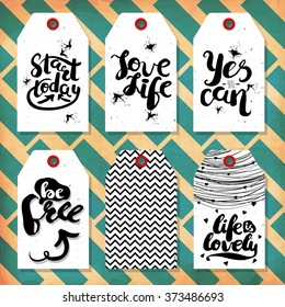 Collection handdrawn in the style of the lovely ready-made gift tags with love, and motivational quotes. Vector illustration