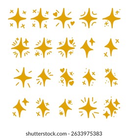 A collection of hand-drawn style sparkle and starburst shapes in gold.