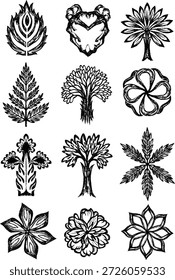A collection of hand-drawn stylized floral, leaf, and tree designs with a grunge texture, perfect for rustic and organic design projects