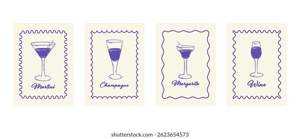 Coleção de posters de coquetéis de verão desenhados à mão estilizados como selos de postagem vintage. Vetor retro moderno definido para menu de barras, impressões, embalagem, convites, ou design de mídia social.